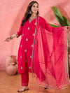 Ruby Mirage Red Zari Embroidered Floral Kurta with Trouser & Dupatta