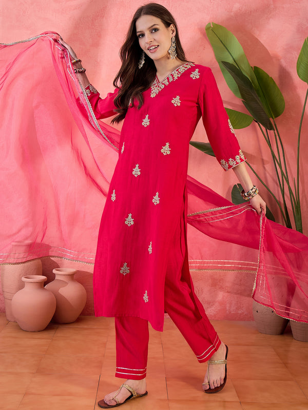 Ruby Mirage Red Zari Embroidered Floral Kurta with Trouser & Dupatta
