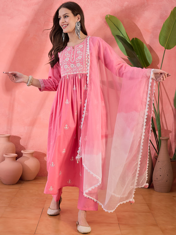 Sunpetal Glow Peach Embroidered Cotton Anarkali Kurta with Trouser & Dupatta