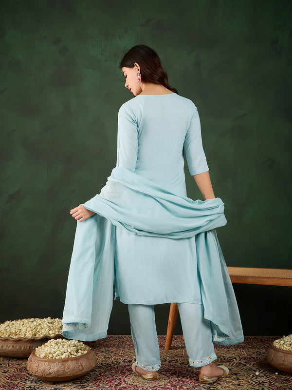 Morning Sky Blue Kurta Trouser & Dupatta Set