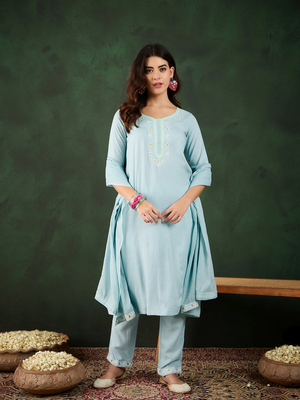 Morning Sky Blue Kurta Trouser & Dupatta Set