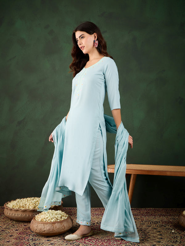 Morning Sky Blue Kurta Trouser & Dupatta Set