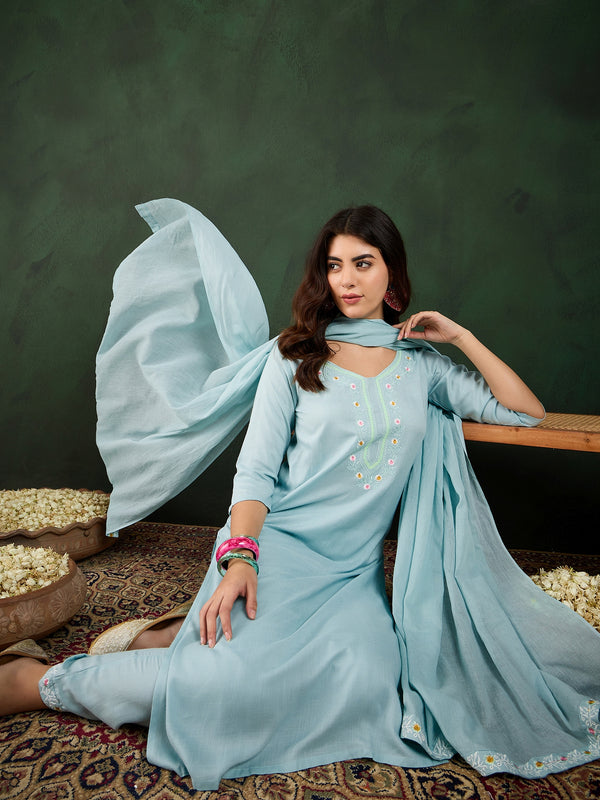 Morning Sky Blue Kurta Trouser & Dupatta Set