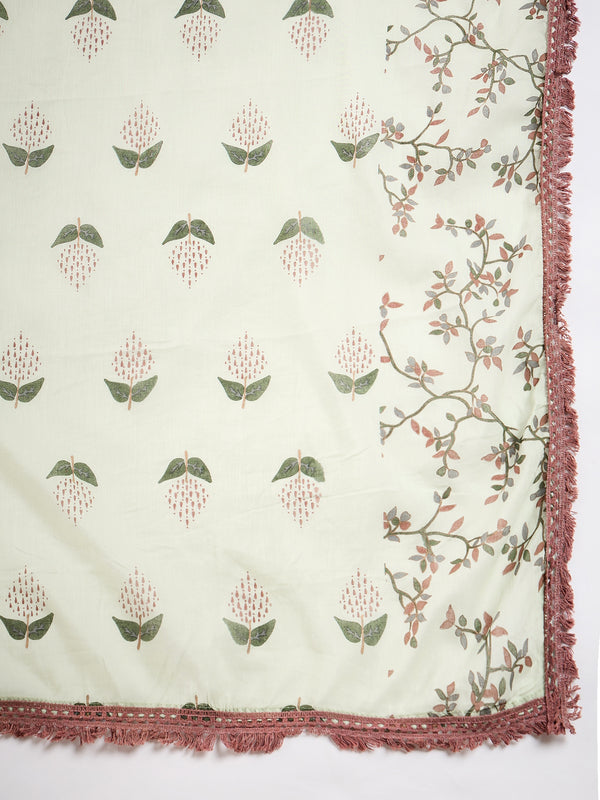 Sand Petal Beige Floral Printed Cotton Kurta with Pyjama & Dupatta