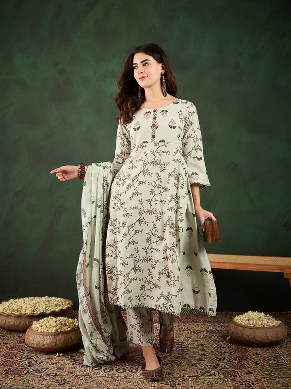 Sand Petal Beige Floral Printed Cotton Kurta with Pyjama & Dupatta