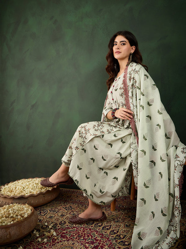 Sand Petal Beige Floral Printed Cotton Kurta with Pyjama & Dupatta