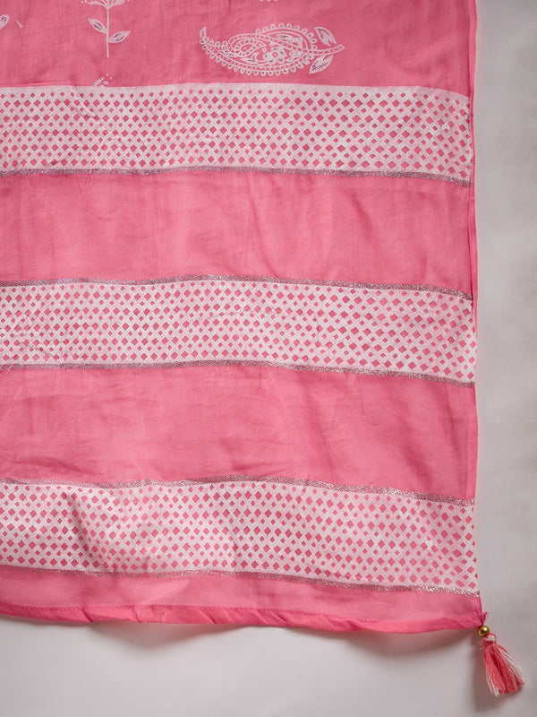 Blush Bloom Pink Floral Printed Cotton Kurta with Trousers & Dupatta