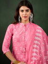 Blush Bloom Pink Floral Printed Cotton Kurta with Trousers & Dupatta