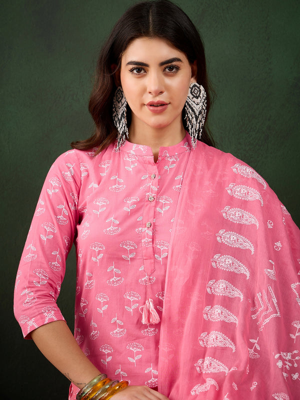 Blush Bloom Pink Floral Printed Cotton Kurta with Trousers & Dupatta