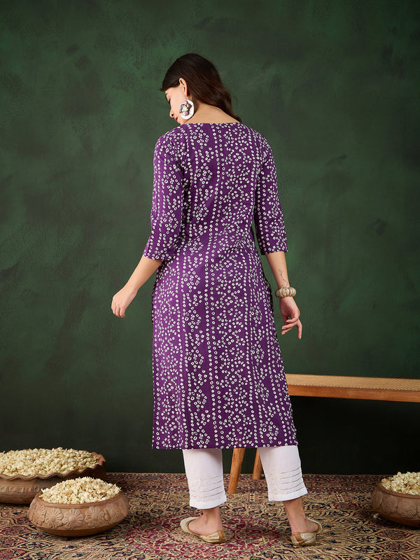 Lavender Bandhani Printed Kantha Embroidered Kurta