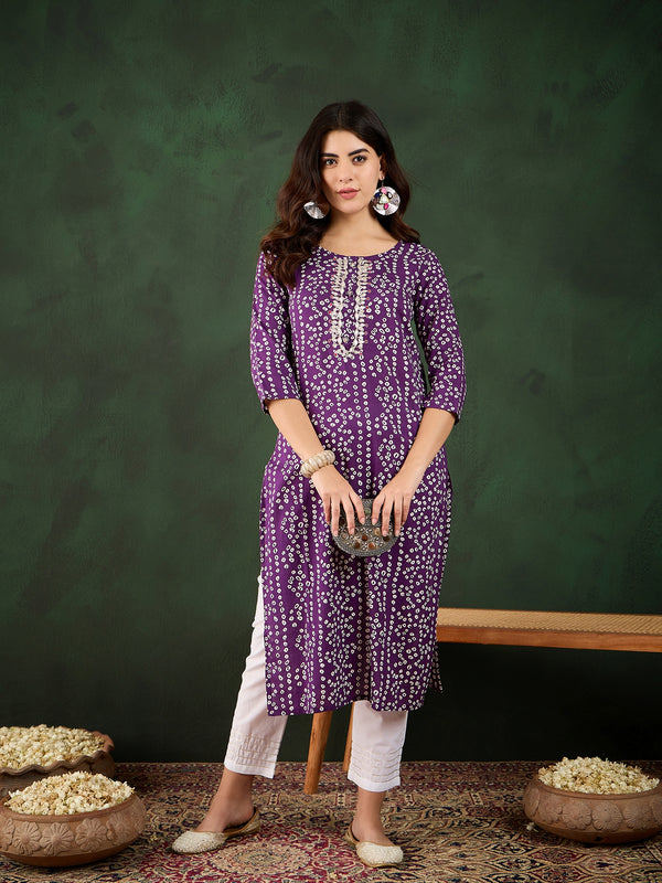 Lavender Bandhani Printed Kantha Embroidered Kurta