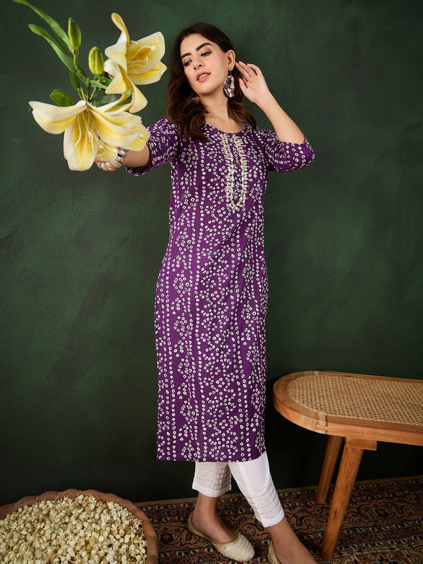 Lavender Bandhani Printed Kantha Embroidered Kurta