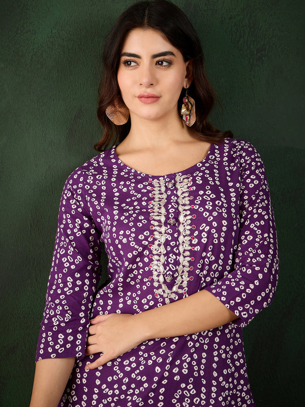 Lavender Bandhani Printed Kantha Embroidered Kurta