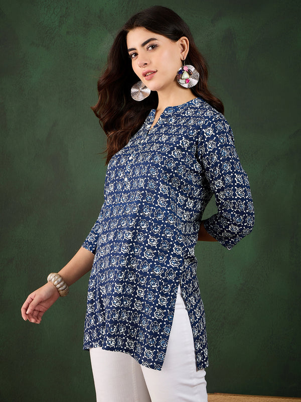 Indigo Garden Floral Printed Viscose Top