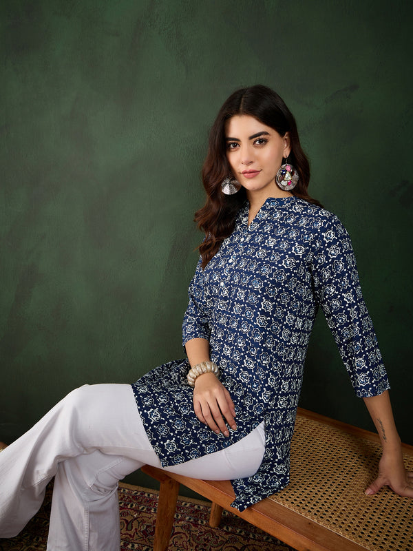 Indigo Garden Floral Printed Viscose Top