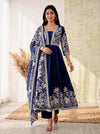 Midnight Bloom – Navy Blue Printed Anarkali Kurta Pant with Dupatta Set
