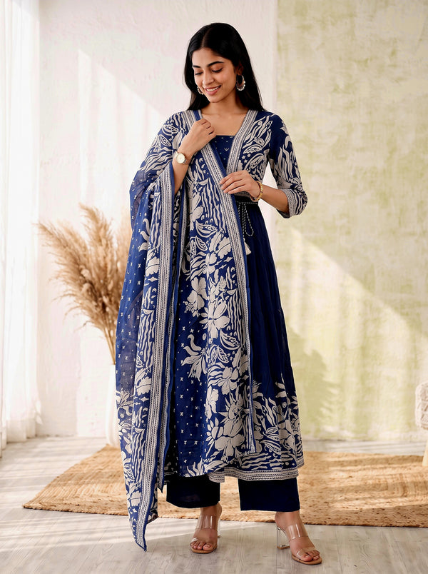 Midnight Bloom – Navy Blue Printed Anarkali Kurta Pant with Dupatta Set