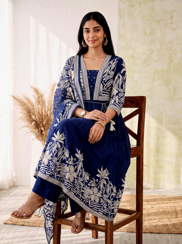 Midnight Bloom – Navy Blue Printed Anarkali Kurta Pant with Dupatta Set