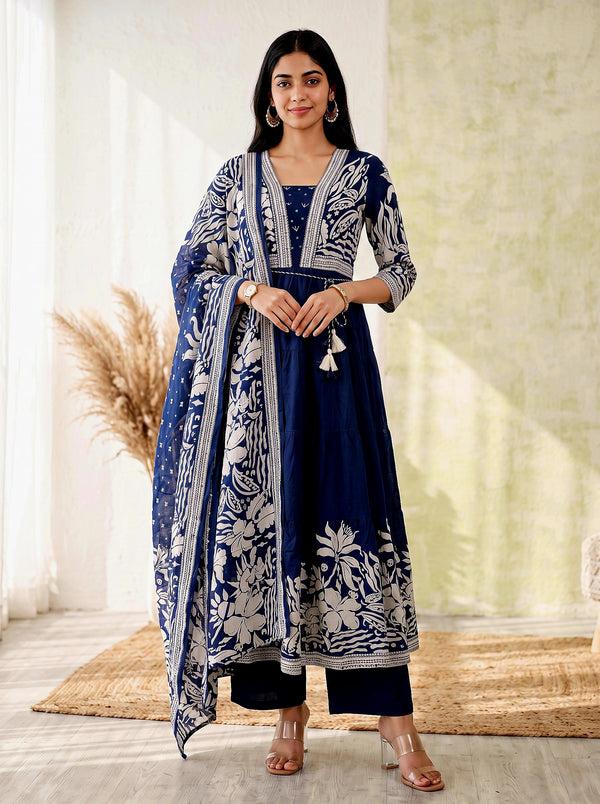 Midnight Bloom – Navy Blue Printed Anarkali Kurta Pant with Dupatta Set