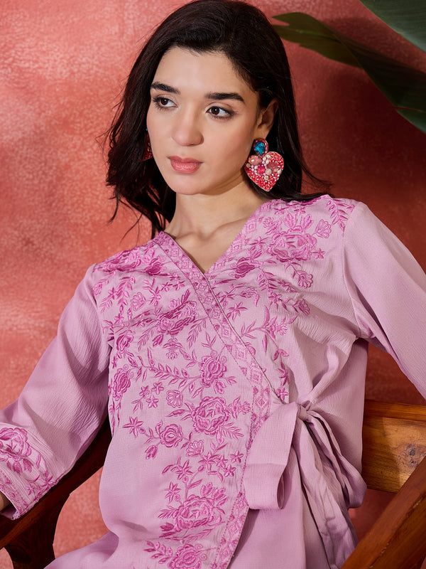 Serene Poise Floral Embroidered Overlapping Tie-Up Top & Trouser Co-Ord Set