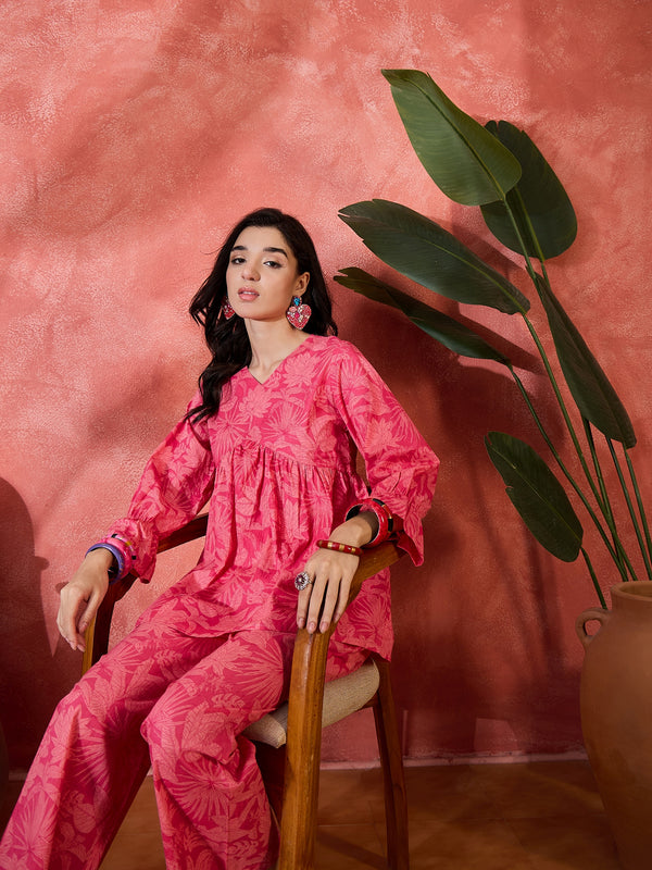 Nooraya Petal Pure Cotton Pink V-Neck Three-Quarter Sleeves Co-Ord Set