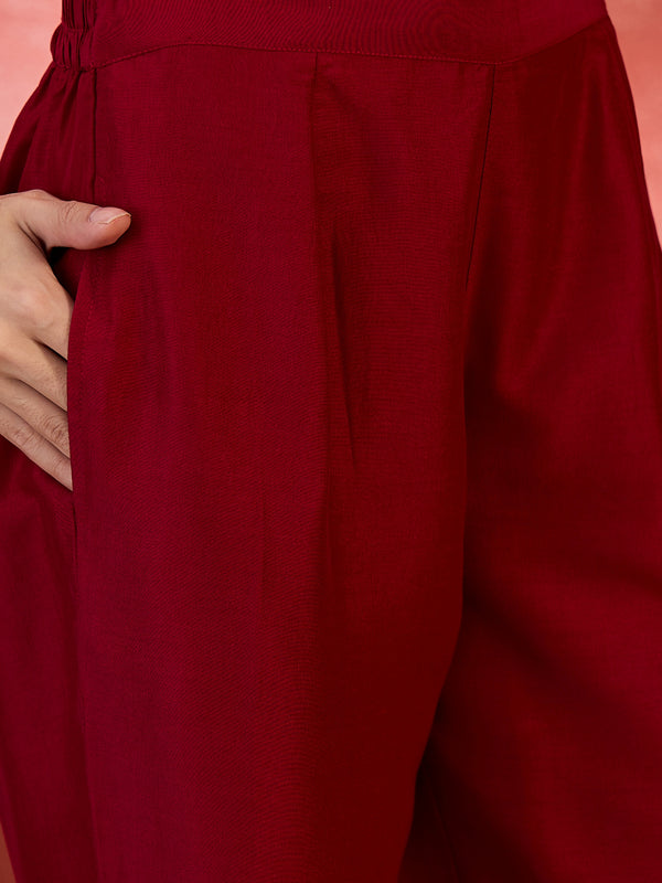 Amaira Crimson Embroidered Pure Cotton Tunic with Trousers Co-Ord Set