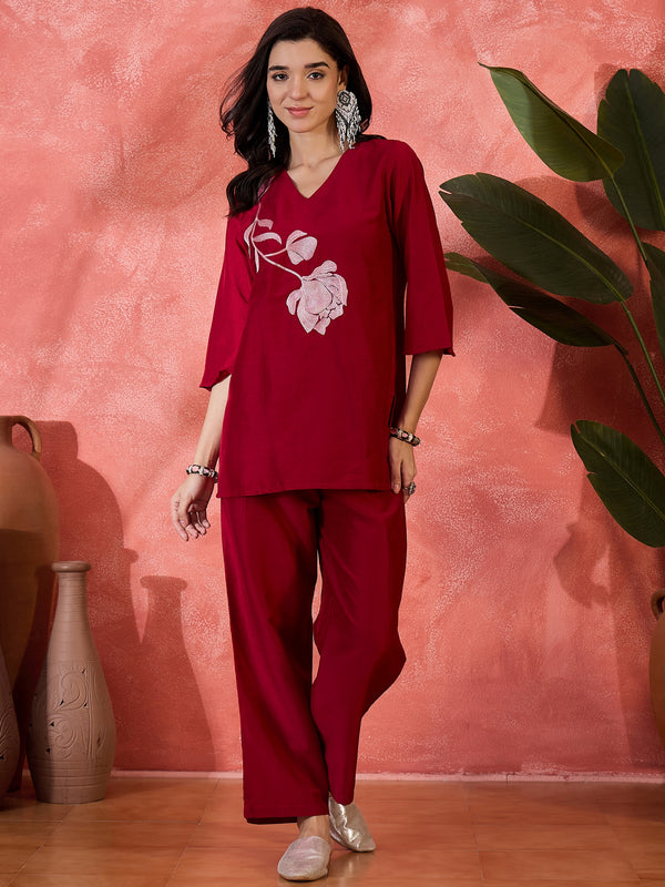 Amaira Crimson Embroidered Pure Cotton Tunic with Trousers Co-Ord Set