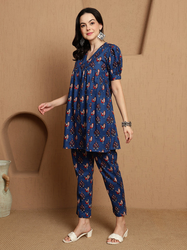 Kavini Blue Printed Cotton Co-ord Set with Top & Trousers