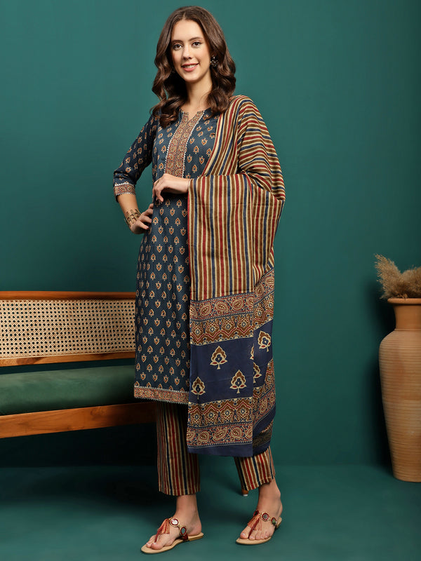 Ocean Drift Printed Pure Cotton Straight Kurta With Trouser & Dupatta Set