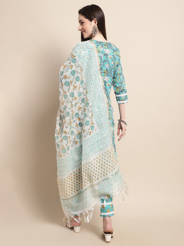 Aqua Bloom Floral Printed Kurta Pant Dupatta Set