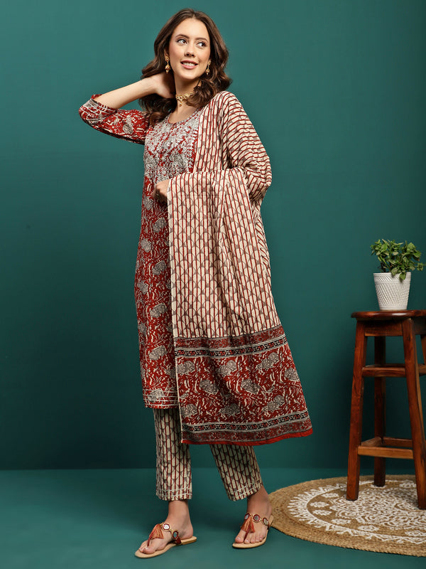 Ruby Harvest Printed Pure Cotton Kurta With Trouser & Dupatta Set