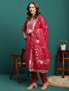Aurora Thread Floral Embroidered Round-Neck Straight Kurta With Trousers & Dupatta