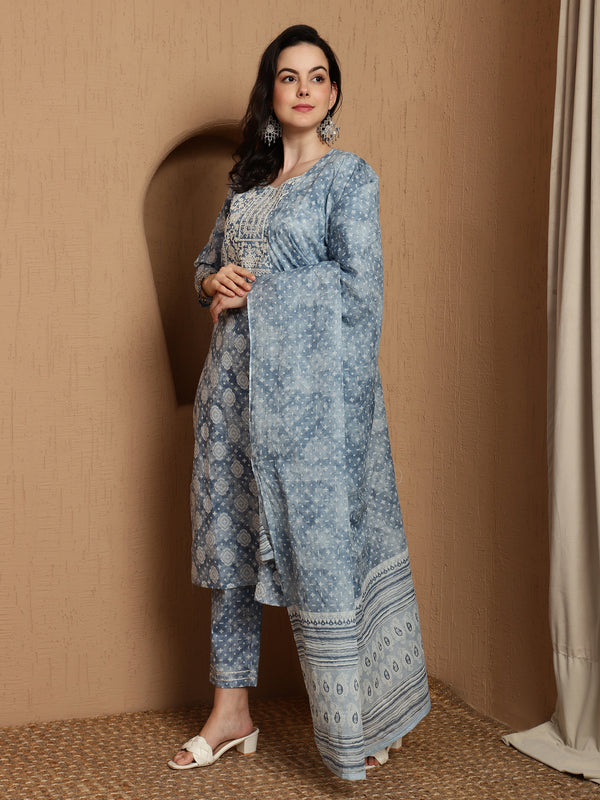 Heritage Hues Ethnic Motifs Printed Pure Cotton Straight Kurta & Trousers With Dupatta