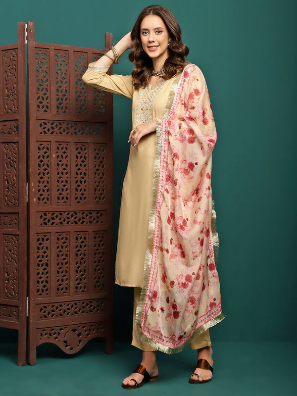 Lunar Taupe Embroidered Straight Kurta Pant with Dupatta Set