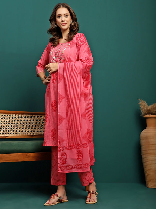 Blush Bloom Printed Pure Cotton Straight Kurta With Trouser & Dupatta Set
