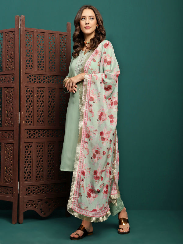 Mint Mirage Floral Embroidered Kurta & Trouser With Dupatta Set