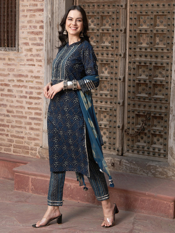 Sky Sonata Floral Printed Kurta Pant Dupatta Set