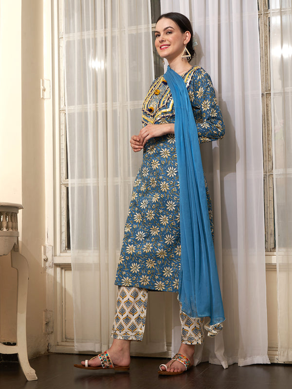Aqua Bloom Turquoise Cotton Printed Kurta Pant with Dupatta Set Ethnic Wear for Women