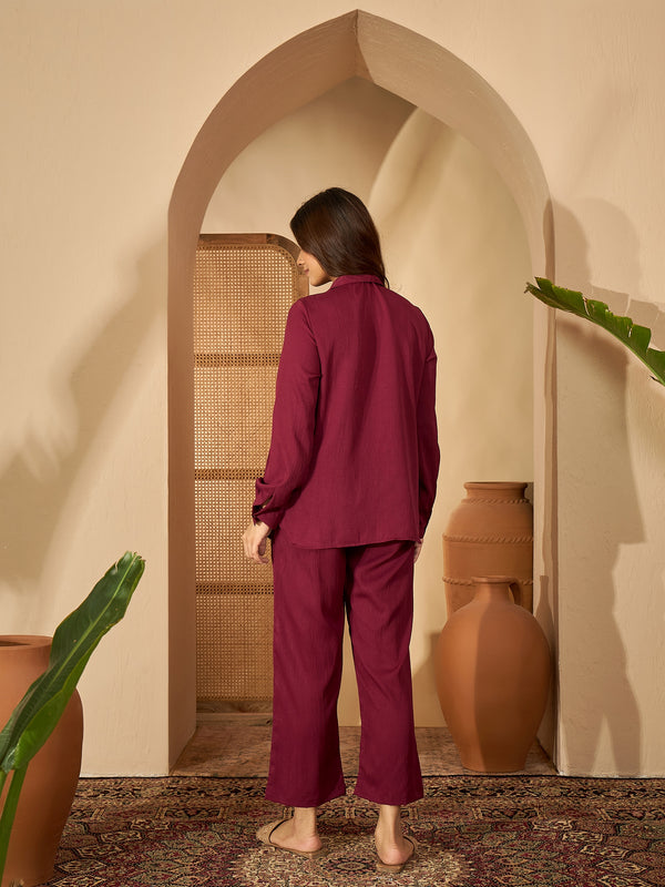 Ameera Maroon Solid Cotton Shirt & Trouser Co-ord Set