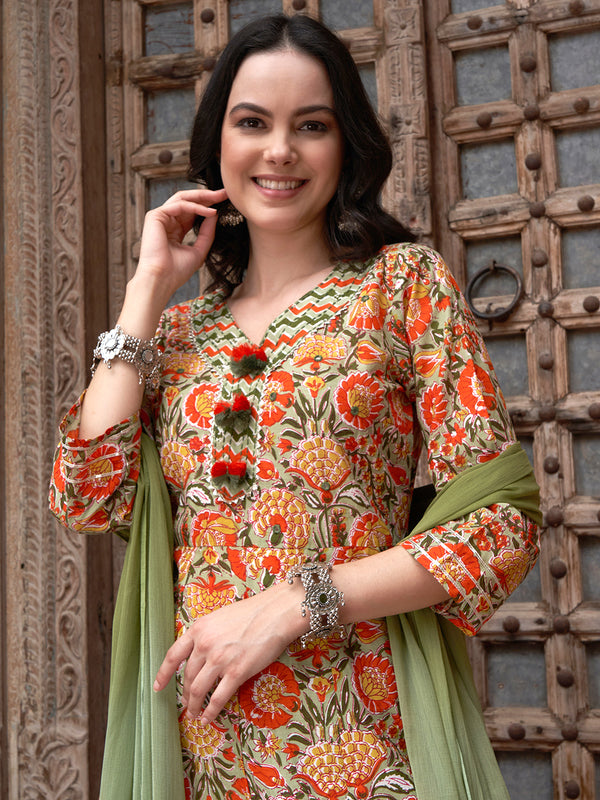 Orange Printed Gotta Patti Detail Pure Cotton A-Line Kurta With Trousers & Dupatta