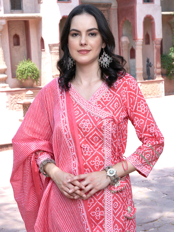 Pink Bandhani Printed Pure Cotton Angrakha Kurta With Trousers & Dupatta