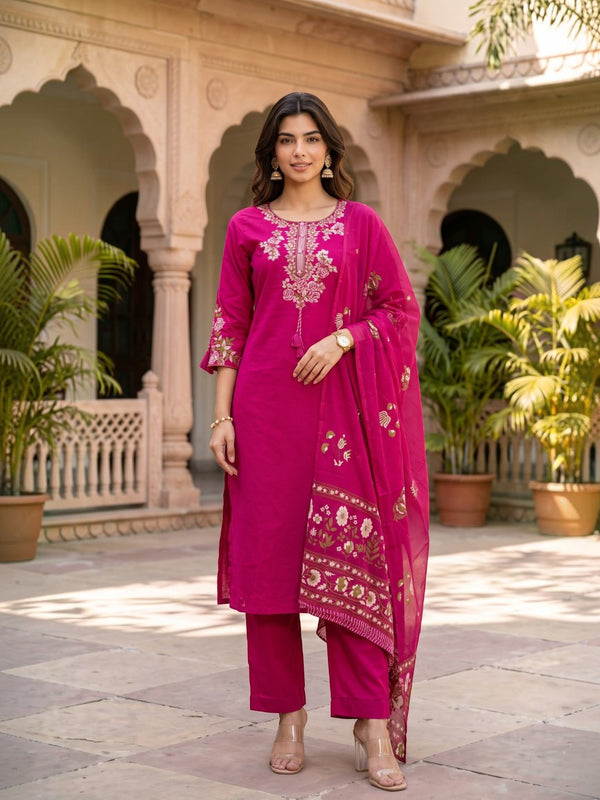Fuchsia Bloom – Embroidered Straight Kurta Pant with Dupatta Set