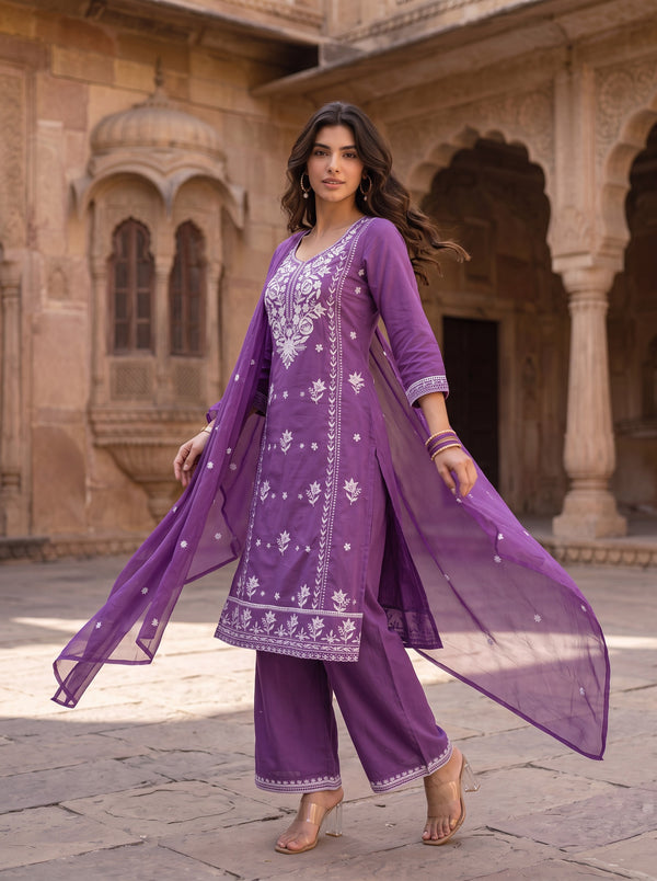 Royal Lavender – Embroidered Straight Kurta Pant with Dupatta Set
