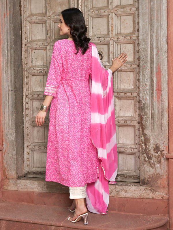Blush Bandhej Pink Bandhani Printed Anarkali Kurta Pant with Dupatta Set Ethnic Wear for Women