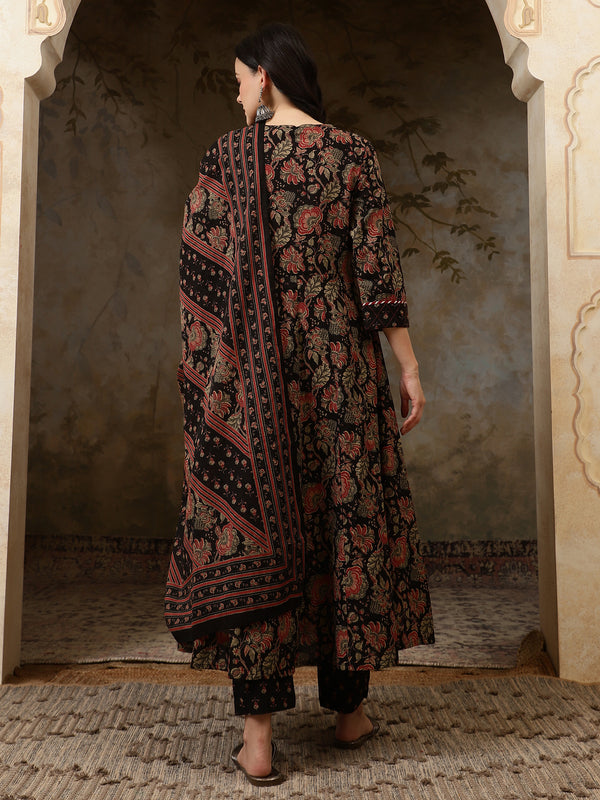 Inaya Black Floral Bead & Stone Work Cotton Anarkali Kurta Set with Dupatta