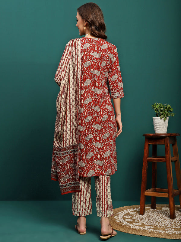 Ruby Harvest Printed Pure Cotton Kurta With Trouser & Dupatta Set