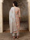 Neelika Floral Printed Blue Cotton Kurta with Trousers & Dupatta