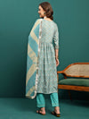 Gleam Garden Floral Printed Pleated Mirror Work A-Line Kurta With Trouser & Dupatta
