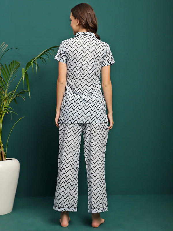 Zig Aura Chevron Printed Pure Cotton Shirt & Pyjama Co-Ord Set