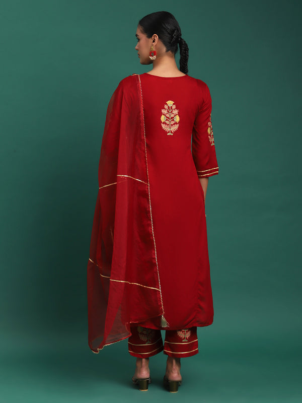 Scarlet Majesty Embroidered 3-Piece Kurta Trouser & Dupatta Set